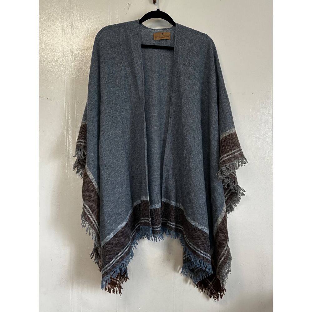 Lands Downunder Blue Wool Blend Fringe Poncho Wrap Shawl Made in Italy